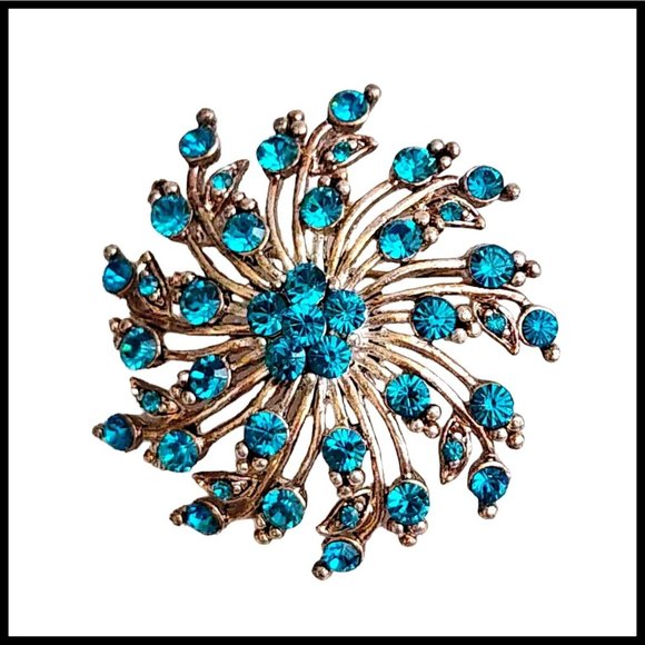 Vintage Turquoise Rhinestone Crystal Flower Swirl Blue Pin Brooch - Picture 1 of 16